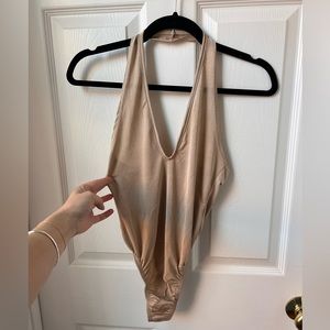 Champagne Gold Backless V Neck Tall Halter Boohoo Bodysuit